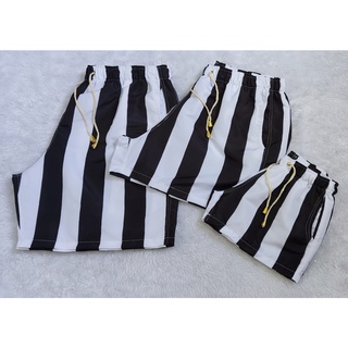 Kit Familia Shorts Moda Verao Listrado Preto Branco 3 Peças Tactel.