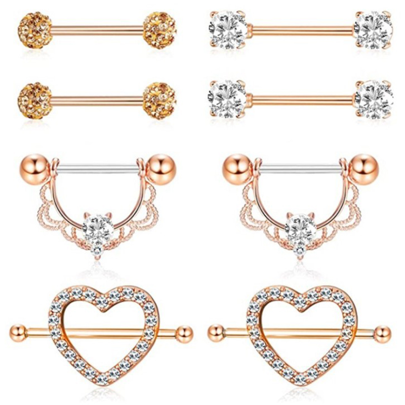 Conjunto 4 Pares De Piercing De Mamilo Em Aço Inoxidável Coração Sexy