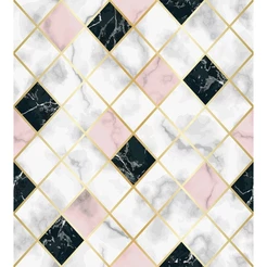 Papel De Parede Azulejo Mármore Branco Rose E Preto 3,50 Mts