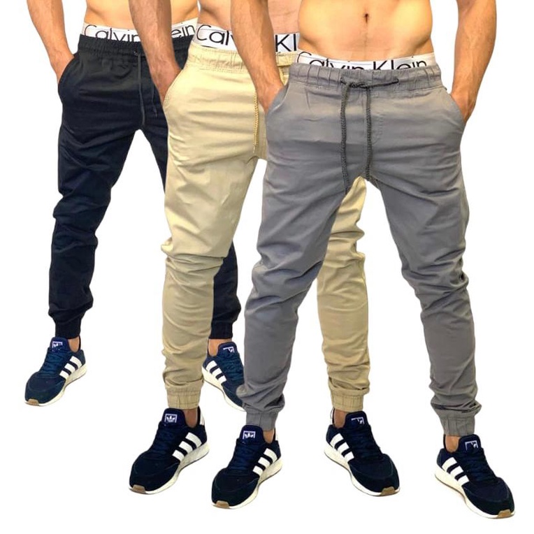 Kit 3 Calças Jogger Sarja e Jeans Masculina Com LYCRA Camuflada Jeans e Preta Com Elástico e Cordão