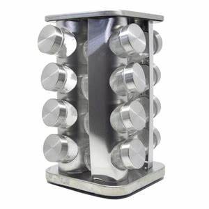 Porta Tempero Inox - 16 Potes de Vidro  Suporte Giratório Quadrado Inox