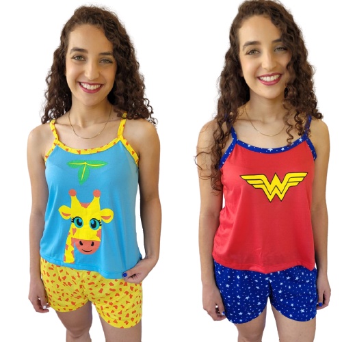 Kit Pijamas Feminino Estampado de Alça de Verão baby boll curto verão