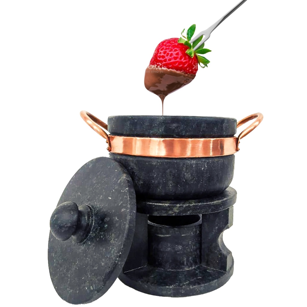 Detalhes do Fondue 37 Pedra Sabão + Fondue 500ml + 6 Garfos + 5 Tigelas.