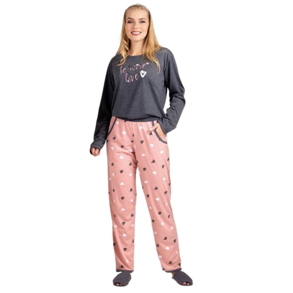 Conjunto Pijama Feminino Adulto Basico Blusa Estampada Manga Longa e Calca Com Bolso Para o Inverno em Oferta na Shopee