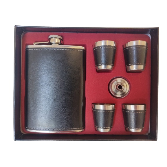 Kit Cantil Porta Bebidas Couro Inox C/ Funil, Copos