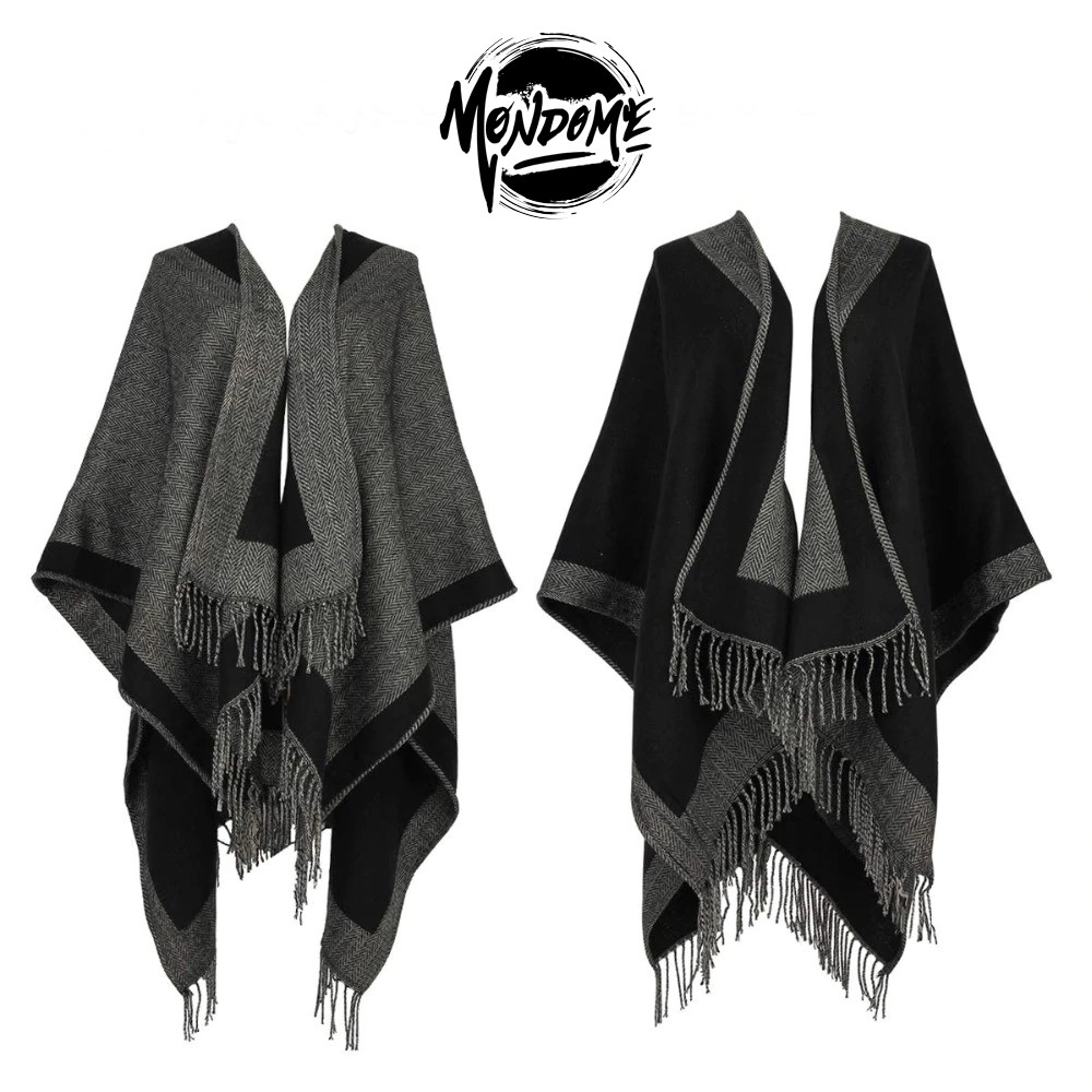 Xale Peruano Poncho Kimono Aberto Pala Unissex Dupla Face Bicolor Lã Cashmere Cardigan Feminino e Masculino