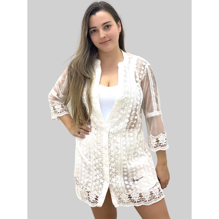 Bata Branca Algodao Renda Lesi Com Botao Verao Tecido Guipir  Florais 523