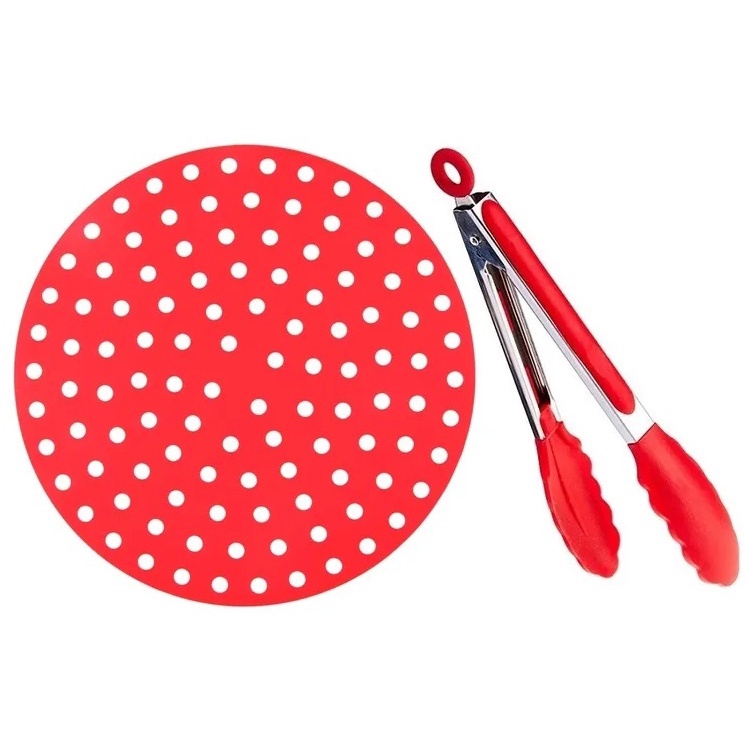 Kit  01 protetor forro manta de silicone 20 cm antiaderente para fritadeira AirFryer + 01 pegador pinça 25 cm
