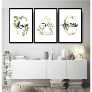 Quadros Decorativo 3 peças Frases Amor Fé Gratidão Abstrato Verde Folhas
