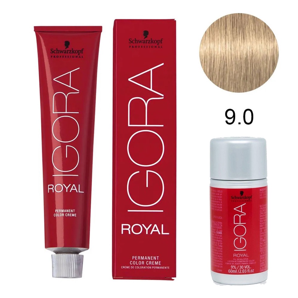Kit Tintura Schwarzkopf Igora Royal 9-0 Louro Extra Claro natural 60g + Água Oxigenada 9% 30 volumes 60ml