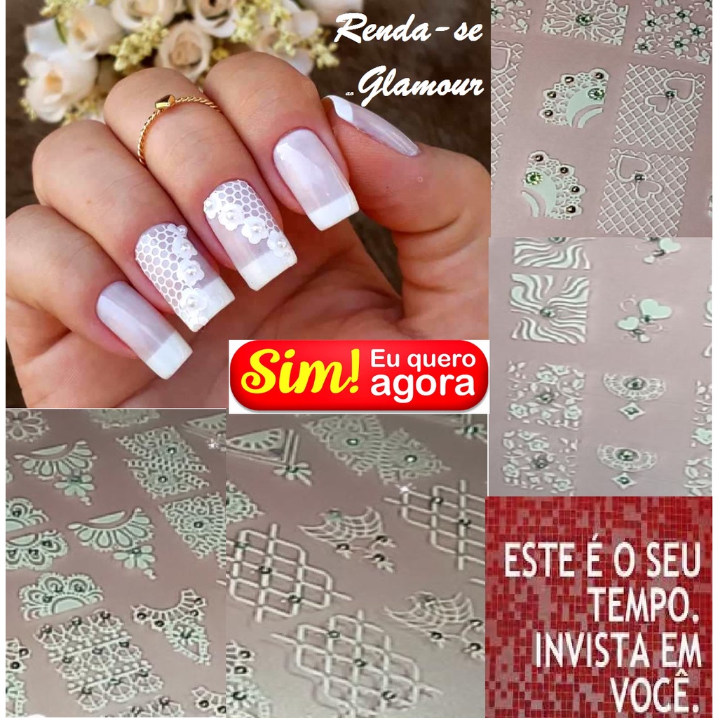 80 Adesivos de Rendas com Strass / 10 cartelas com 8 adesivos de unhas de Rendinhas com pedrinhas