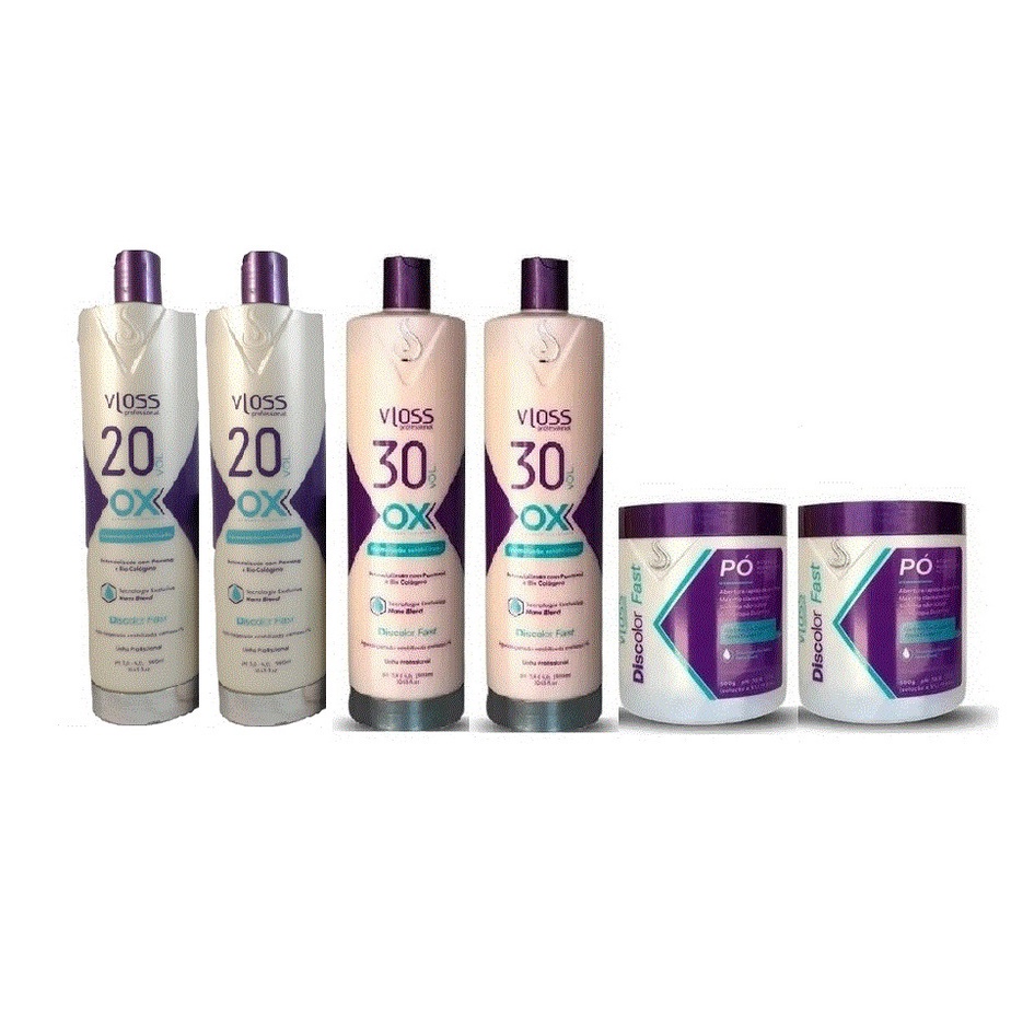 Vloss Kit Emulsão 2x20 Volumes, 2x30 Volumes e 2xPó Descolorante Azul - Broto Cosméticos