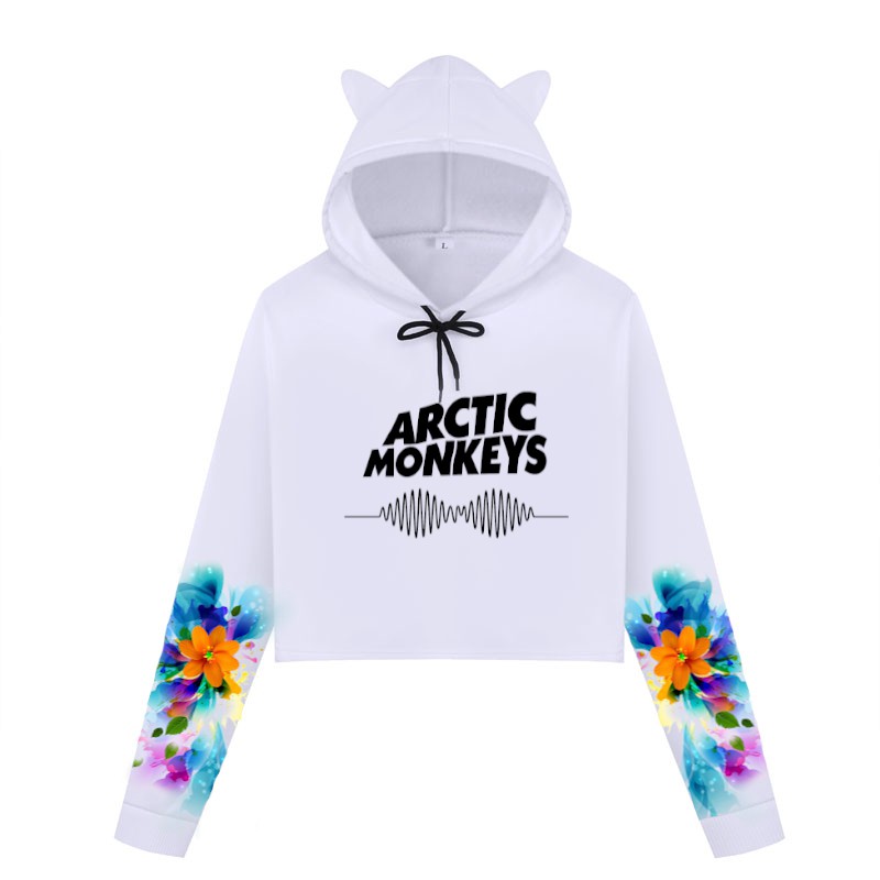 Blusa Cropped de Moletom Feminino Manga Flores Azul e Laranja Arctic Monkeys A374