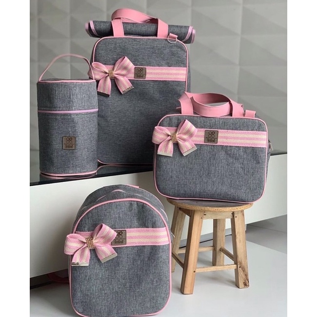 Bolsa Maternidade Jeans linho 5 Peças | Kit Malas maternidade | Jogo de bolsas para bebê