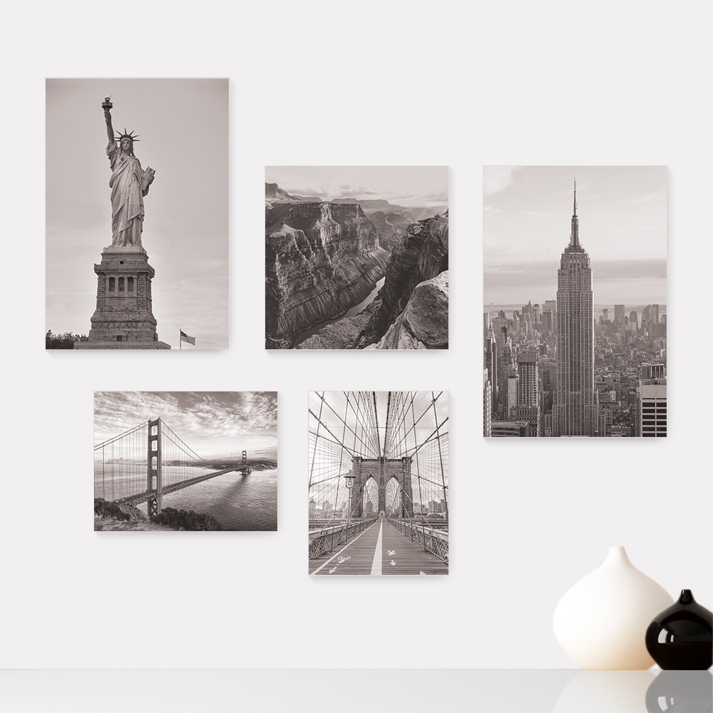 Kit 5 Quadros Decorativos Placas - Estados Unidos - Pontos Turísticos - Nova Iorque São Francisco Estátua Canyon - Preto e Branco Casa Quarto Sala - 272ktpl5