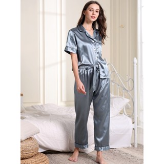 Pijama Feminina Azul Claro 2 in 1 Conjuntos Cetim Roupa Para Dormir Leve Calça Longa em Oferta na Shopee