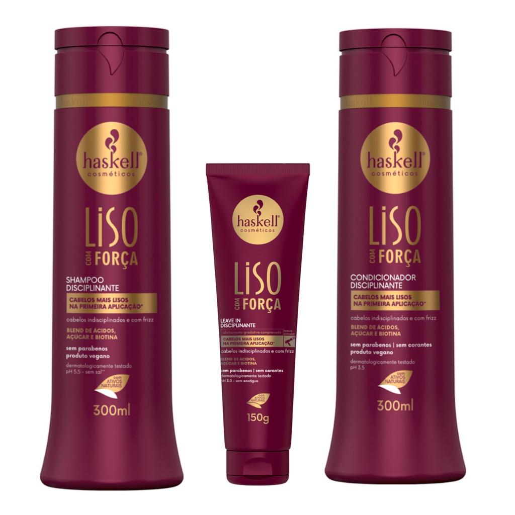 Tratamento Disciplinante Haskell  Liso Com Força Kit Shampoo e Condicionador 300ml e Leave in 150g