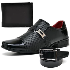 Sapato Social Masculino Preto Verniz Brilhante Kit com Cinto e Carteira de Brinde