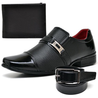Sapato Social Masculino Preto Verniz Brilhante Kit com Cinto e Carteira de Brinde em Oferta na Shopee