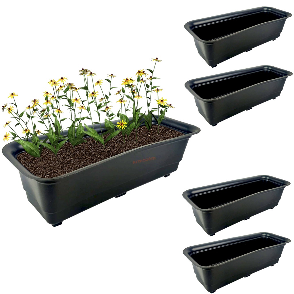 Kit 5 jardineiras floreiras Vasos Retangulares 39cm Planta Flor Tempero Plástico Horta Jardim Vertical Preto - AMZ