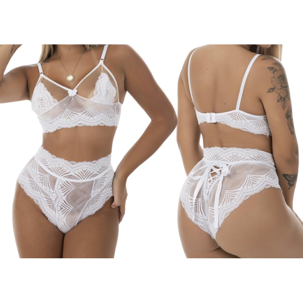 Conjunto Lacradora em Renda Feminino Calcinha Hot Pants com Fita Sutiã Cropped Sexy Sex Shop Luxo
