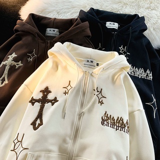 Capuzes Góticos Bordados Femininos Alta Rua Harajuku Retrô Hip Hop Zip Up Capuz Largo Casual Suéter Roupas Y2K Partes De Cima
