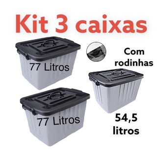 kit 3 caixas multiuso com rodinhas / tampa e trava 77lts/77lts/54,5 lts