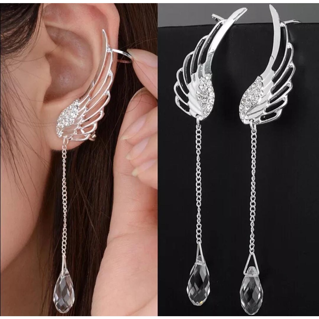 Brinco de Asas Prateado Gota Cristal Angelical Elegante Divino Grego