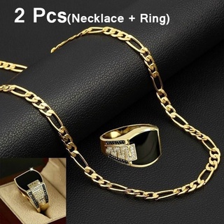 Moda Masculina Aço Titânio Hip Hop Rock Inoxidável Colar De Ouro 18K Preto Conjunto De Jóias De Halloween (+ Ring)