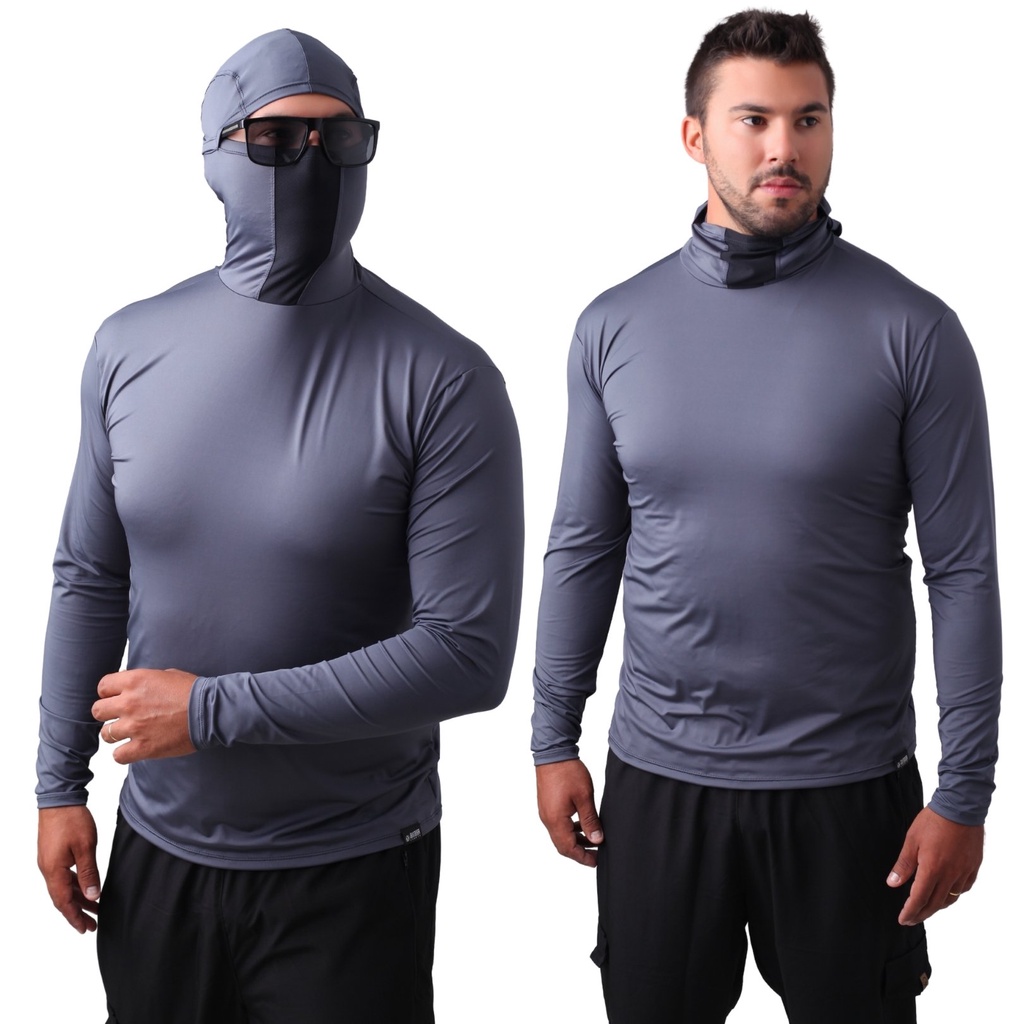 Camisa de Pesca UV50+ com Touca Ninja – Chumbo, Respirável e Super Confortável