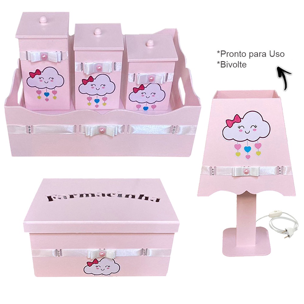 Kit Higiene Bebe Quarto de Menina Rosa 6 peças Trio de Potes, Farmacinha e Luminária.
