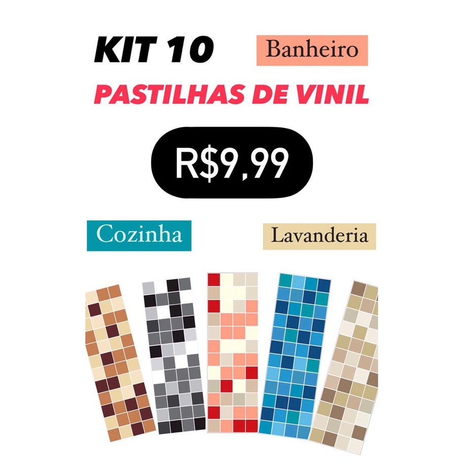 Papel de Parede Faixa de Cozinha e Banheiro Pastilha KIT 10 Unidades Vinil Adesivo Lavável Vinílico Faixinha Decorativa Ferramenta Decoração