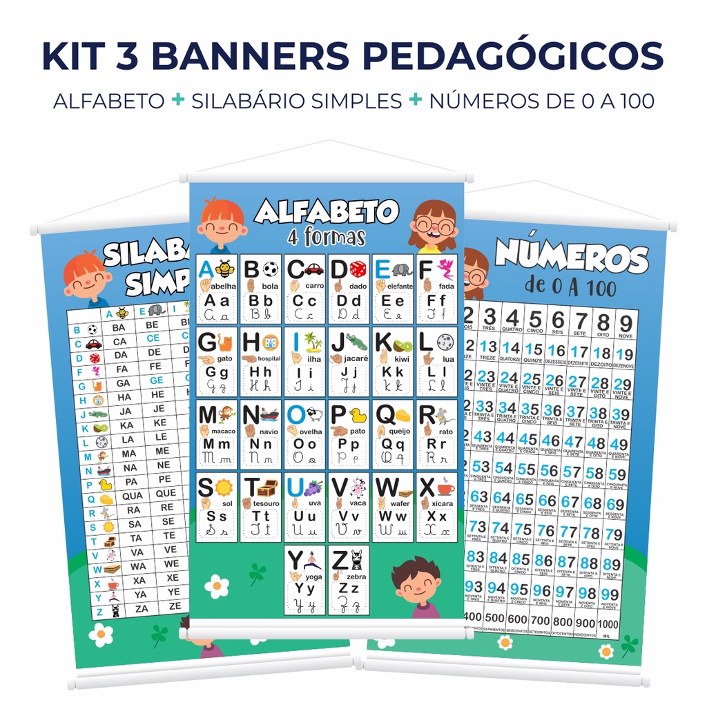 Kit 3 Banners Pedagógico O Alfabeto 4 Formas Silabário Simples E Números De 0 A 100 Shopee Brasil