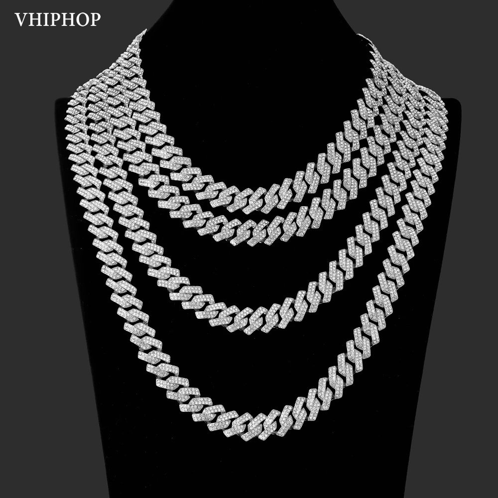 13mm Iced Out Cuban Chain Necklace Ice Studded Chain HipHop Men Rhinestone Chain Gold Rapper Necklace Silver Jewelry