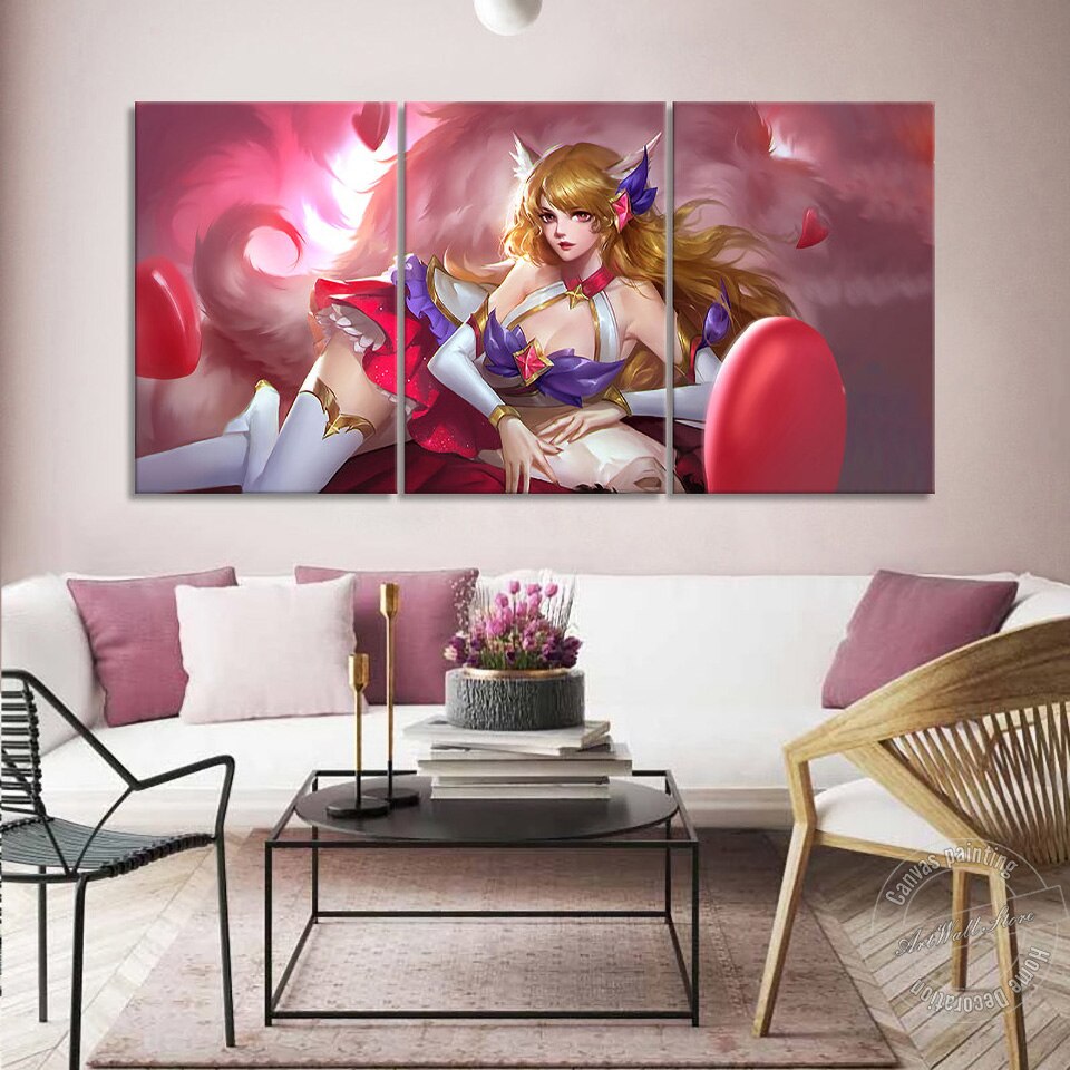 Nenhuma moldura 3 piec imagem de parede lol, estrela, guardiana, auri, para decoração da sala e liga de legendas, vídeo game pôster de pintura em tela