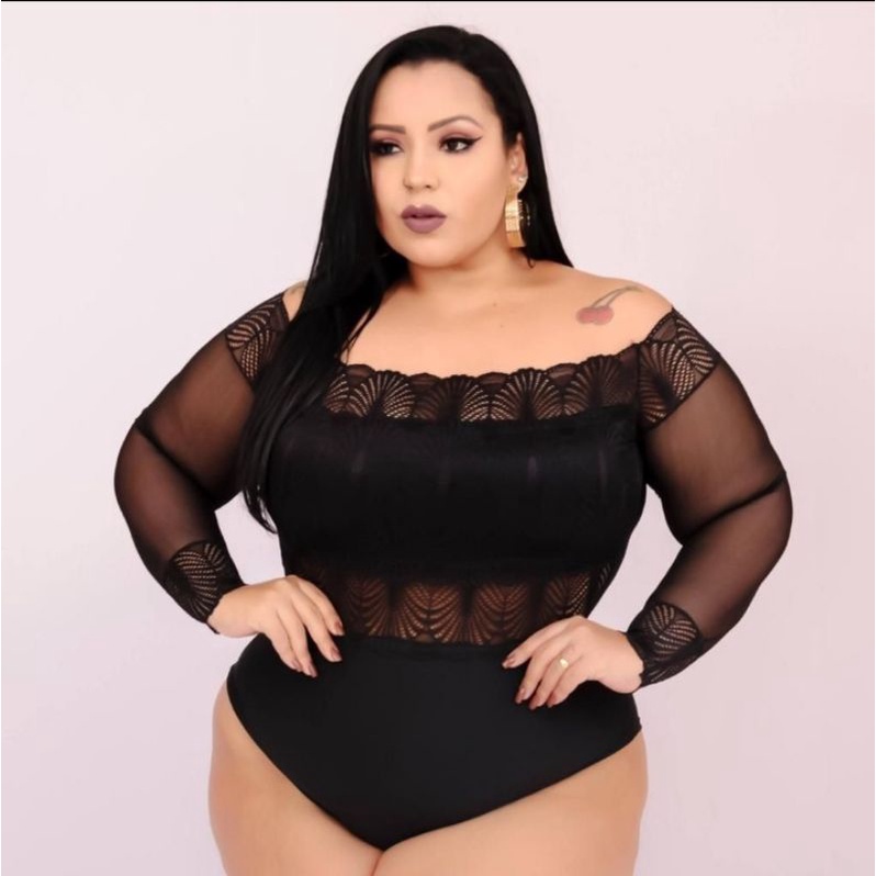 Body Ciganinha Manguinha Plus Size Bory Renda G1 G2 G3 Rendado De Tule