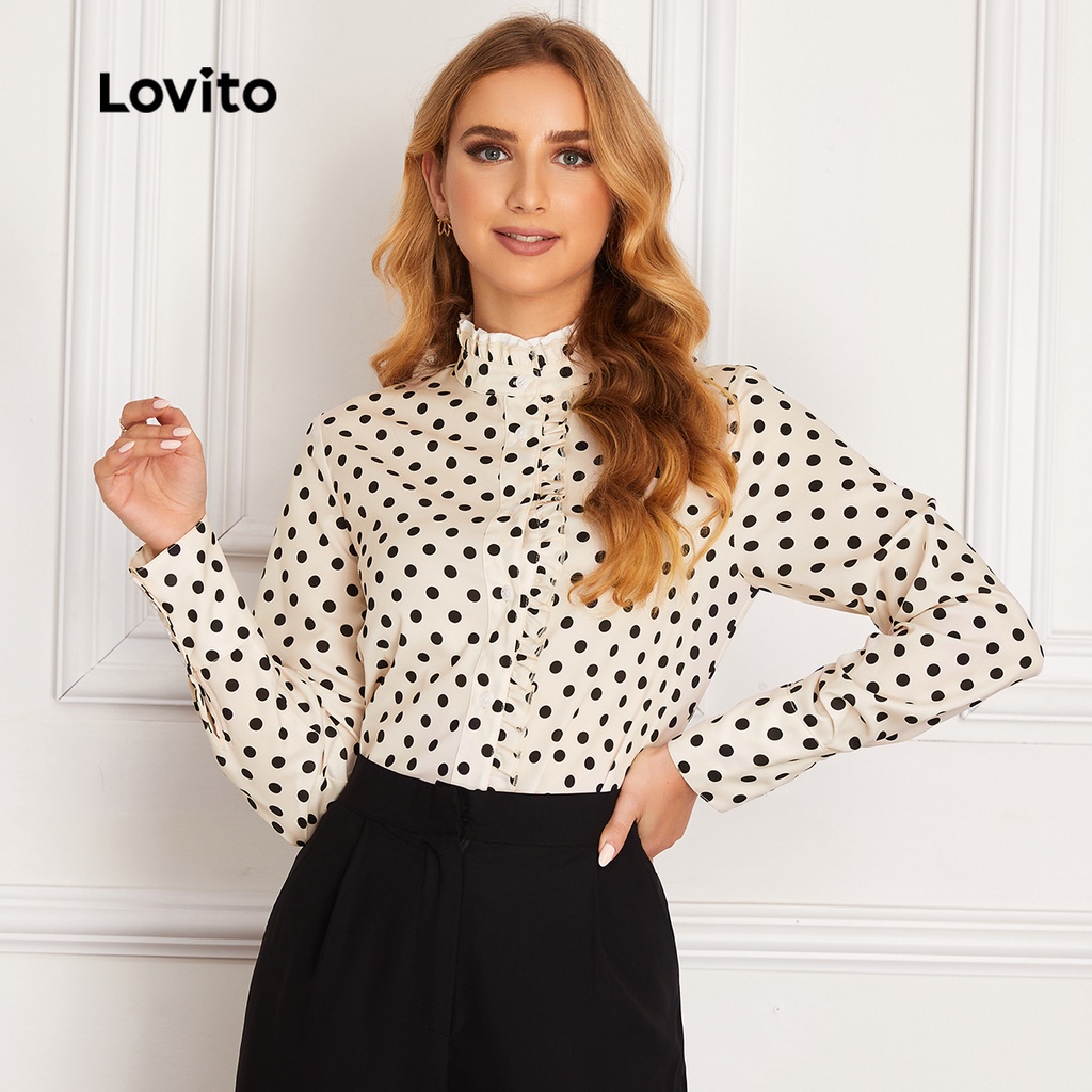 Lovito Blusa Classy com Bolinhas e Renda Contraste Bainha de Babado L20E083 (Damasco)