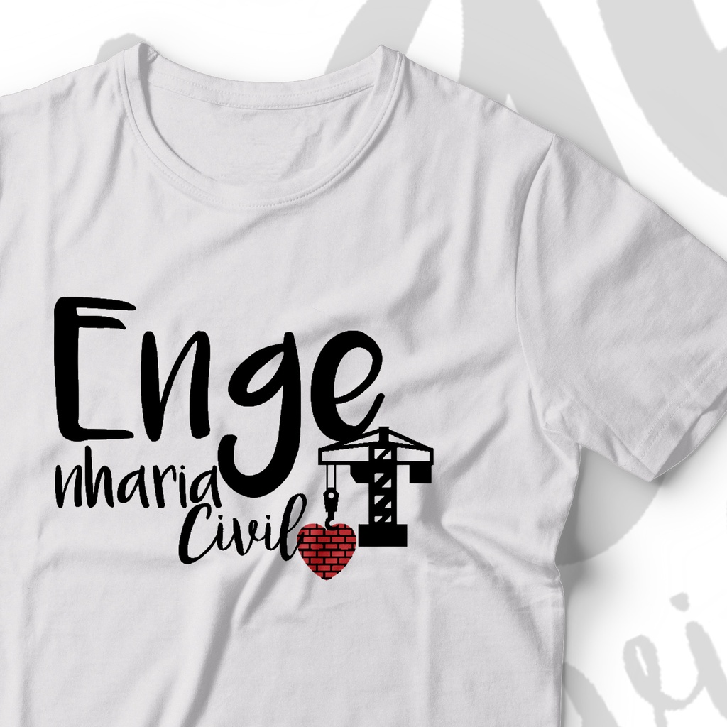 Camisa T-shirt Engenharia Civil Sublimada Branca Símbolo em Malha PP Antipiling Faculdade de Eng. Civil