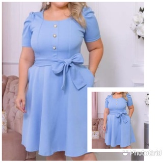 Vestidos Plus Size Evangélicos Social Rodado Godê com Bolsos e Cinto Midi Azul