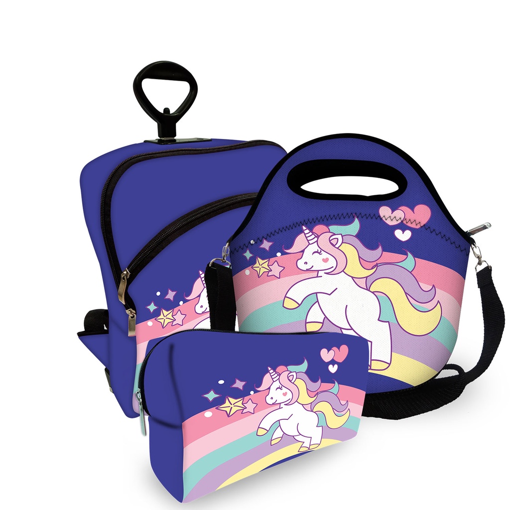 Super Kit Escolar Mochila com Carrinho Rodinha + Lancheira Escolar + Estojo Plus - Unicórnio Encantado MEGA OFERTA