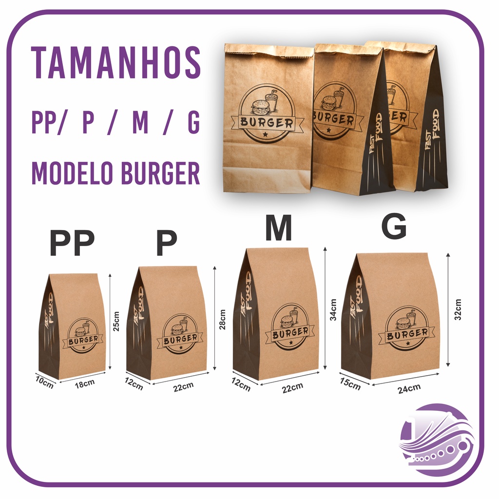 Saco Delivery Kraft Sos - PP/P/M/G - Impresso Burger - Lanche, Hamburguer, Fast Food