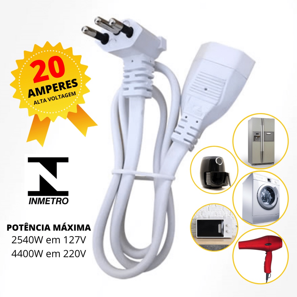 Extensão elétrica 20 AMPERES Cordão prolongador curvo para alta potencia com 80cm