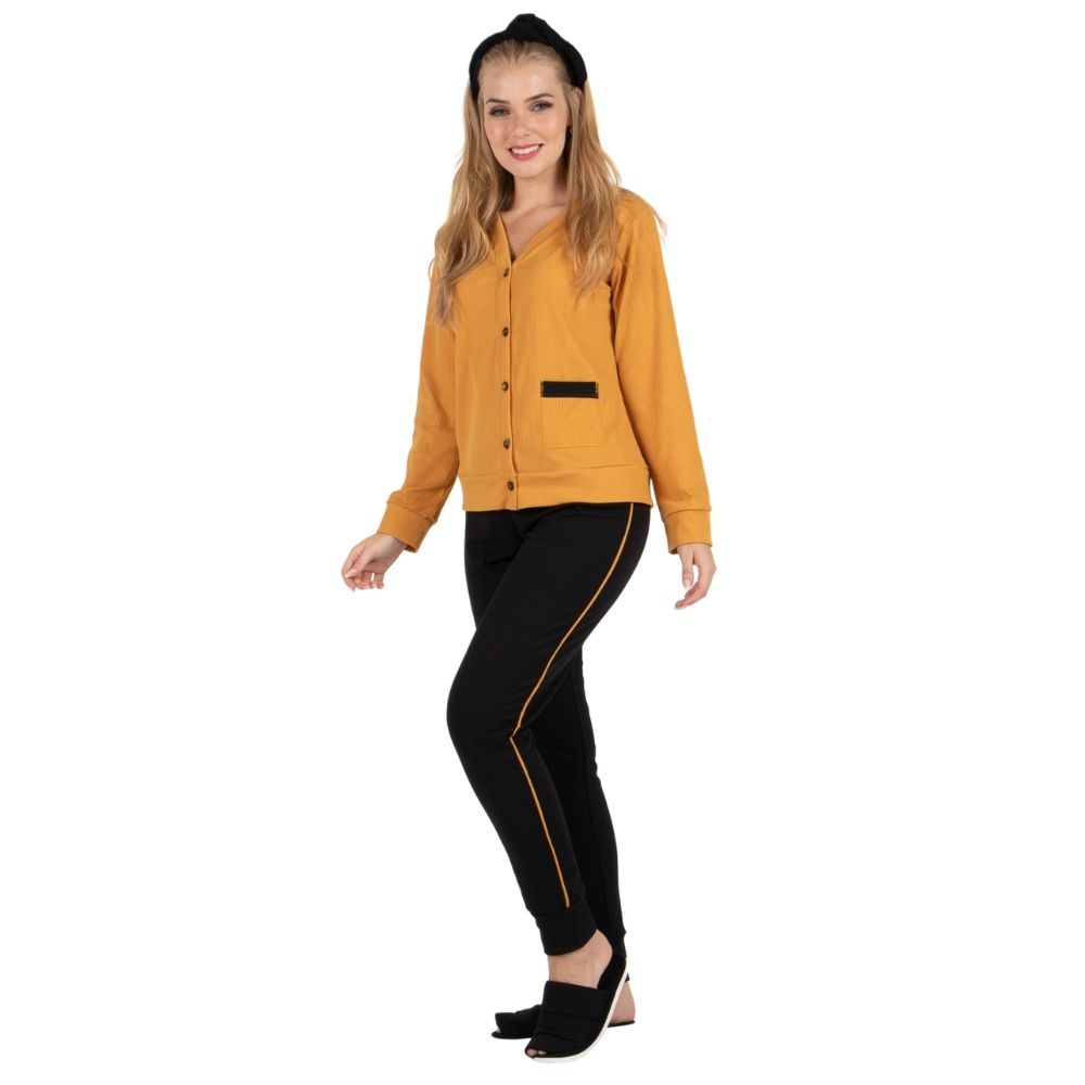 Pijama Feminino De inverno Camisa Manga Longa Com Bolso e calca Longa Tecido Canelado Confortavel em Oferta na Shopee