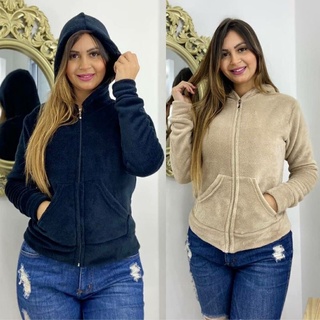 Blusa com zíper e capuz de pelinhos felpuda soft