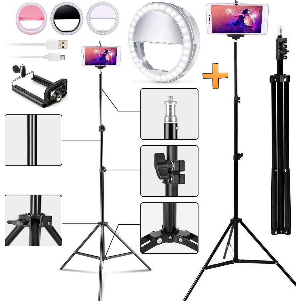 Tripé Profissional 2,10m Alumínio Câmera Suporte Celular Universal + Luz Led Ring Light Recarregável Foto Selfie Vídeo