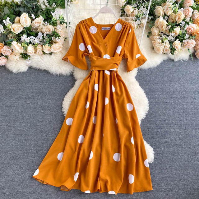 Singreiny Polka Dot Vestido Mulheres V neck Cintura Alta Holiday party Longo Vestidos Coreano Casual Chic Vestidos | Shopee Brasil