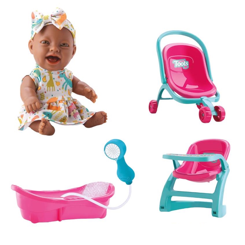 Kit Boneca Negra Toots Carrinho Bebê Cadeirinha Infantil Banheira Com Chuveirinho Brinquedo Meninas