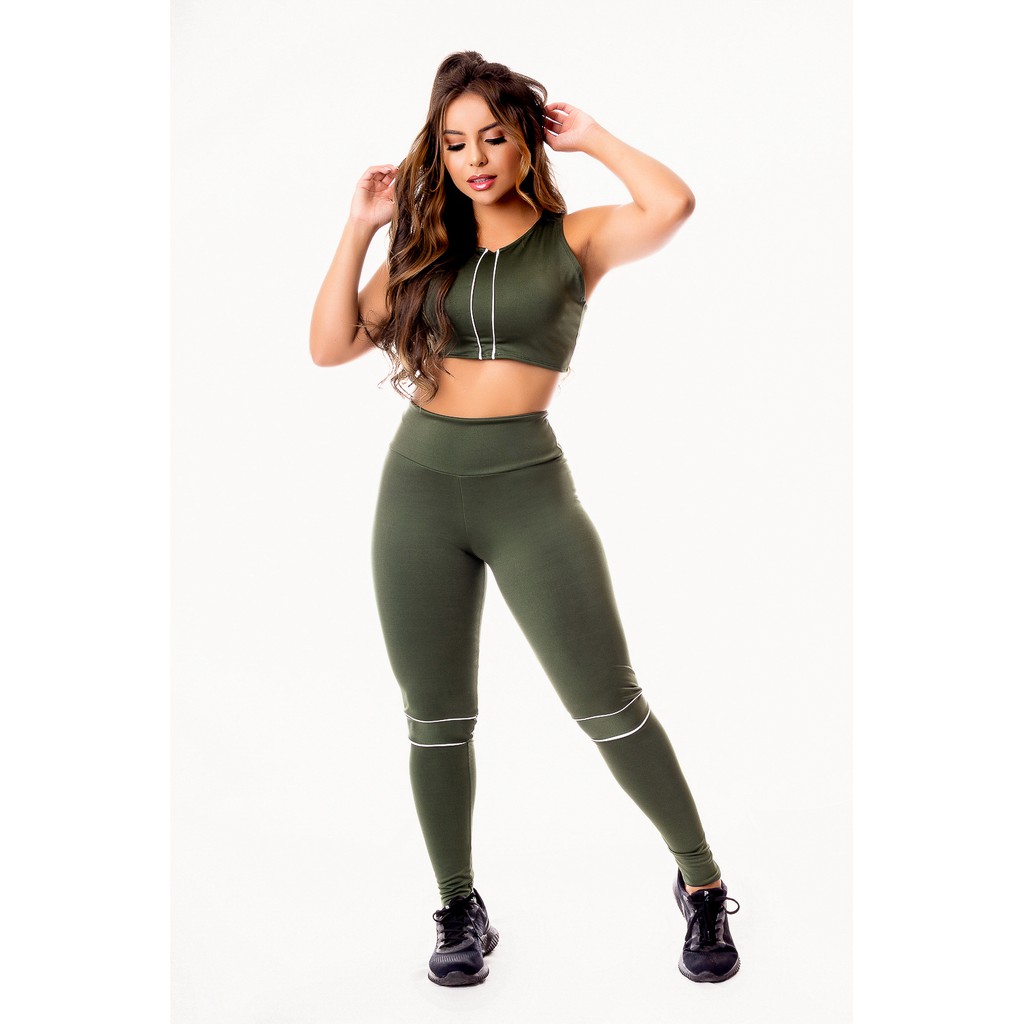 Conjunto Fitness Moda Academia Calça Legging Cintura Alta e Cropped Top Tecido Sem Transparência