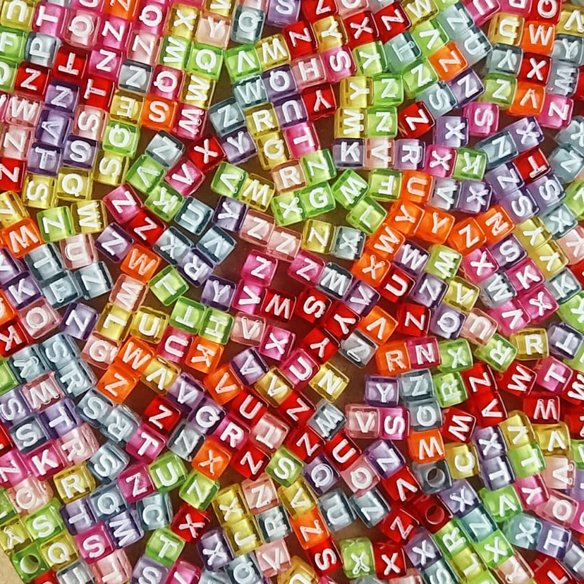 10 Peças de Miçanga Infantil Alfabeto N a Z Quadrado Cubo Translúcido 6mm Entremeio Furo Passante