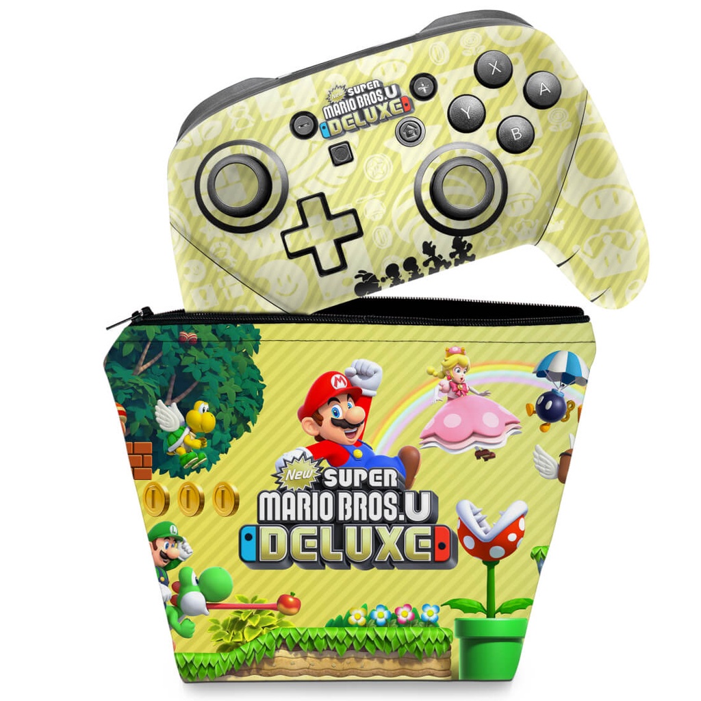 Capa Case e Skin Adesivo Nintendo Switch Pro Controle - New Super Mario Bros. U